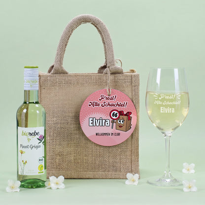 Biorebe Bio Wein Geschenkset zum Geburtstag Alte Schachtel mit Weinglas & Jutetasche personalisiert