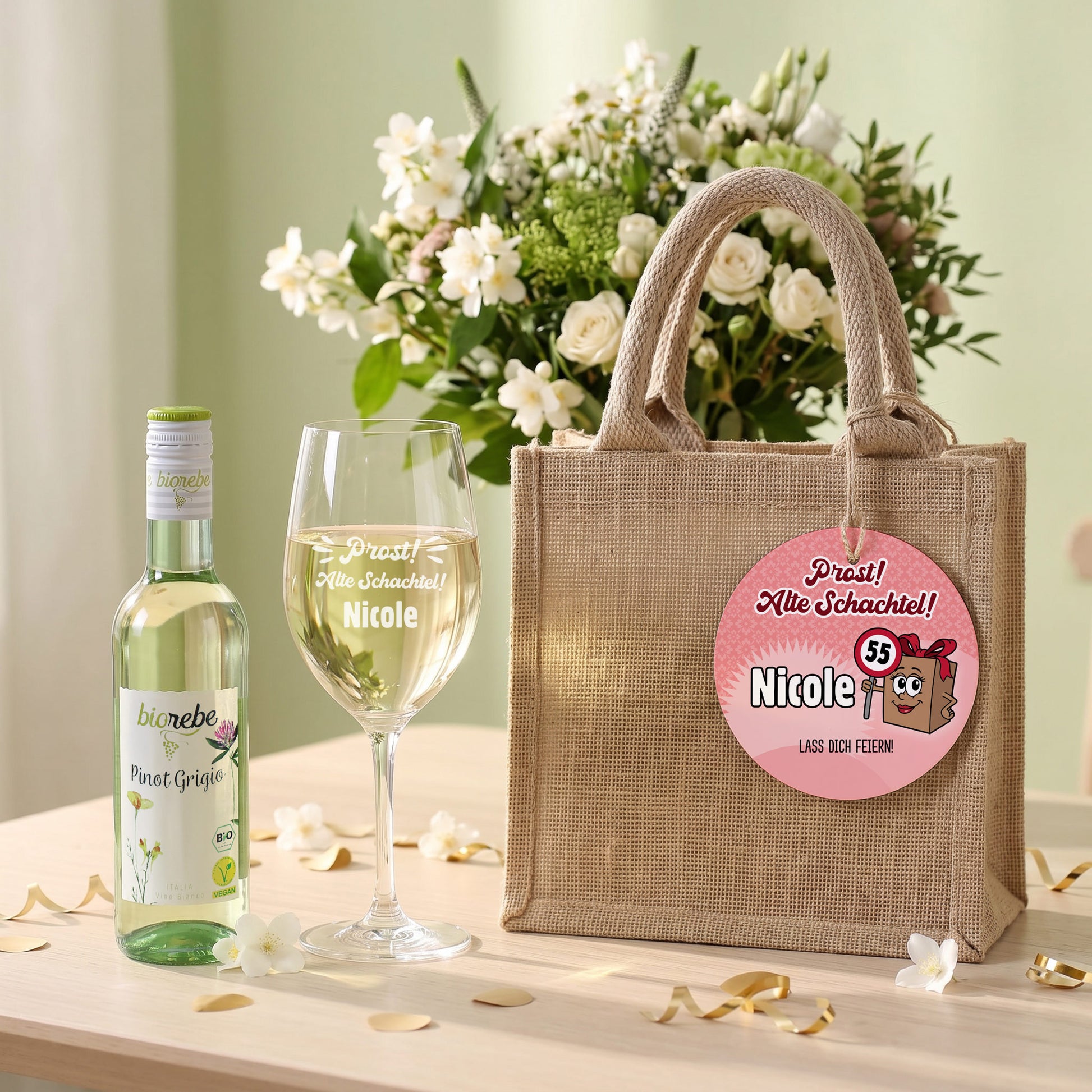 Personalisiertes Weißwein Geschenkset mit Biorebe Pinot Grigio, Jutetasche und Weinglas Nicole