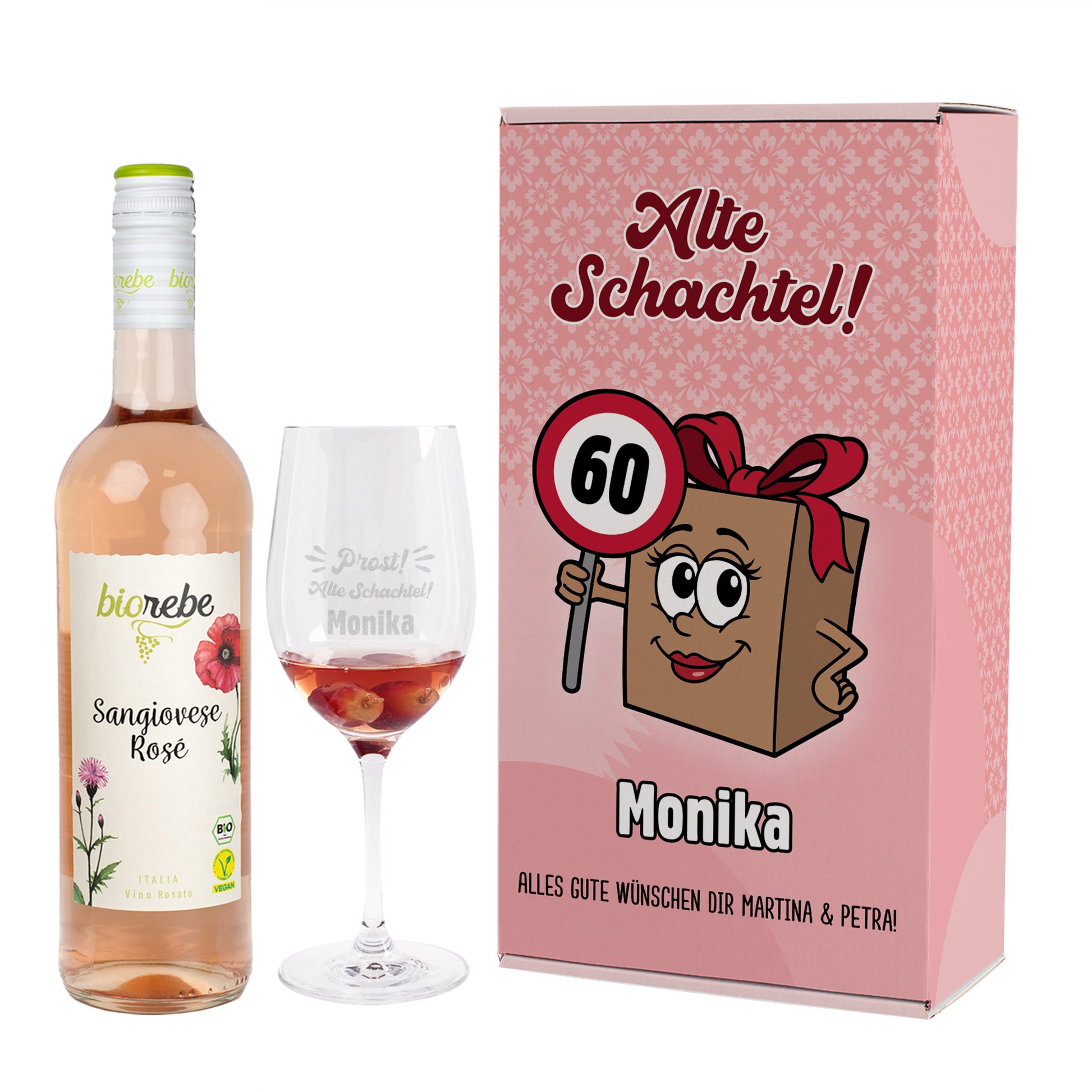 Personalisiertes Bio Wein Geschenkset mit Sangiovese Rosé, graviertem Leonardo Weinglas und Geschenkbox