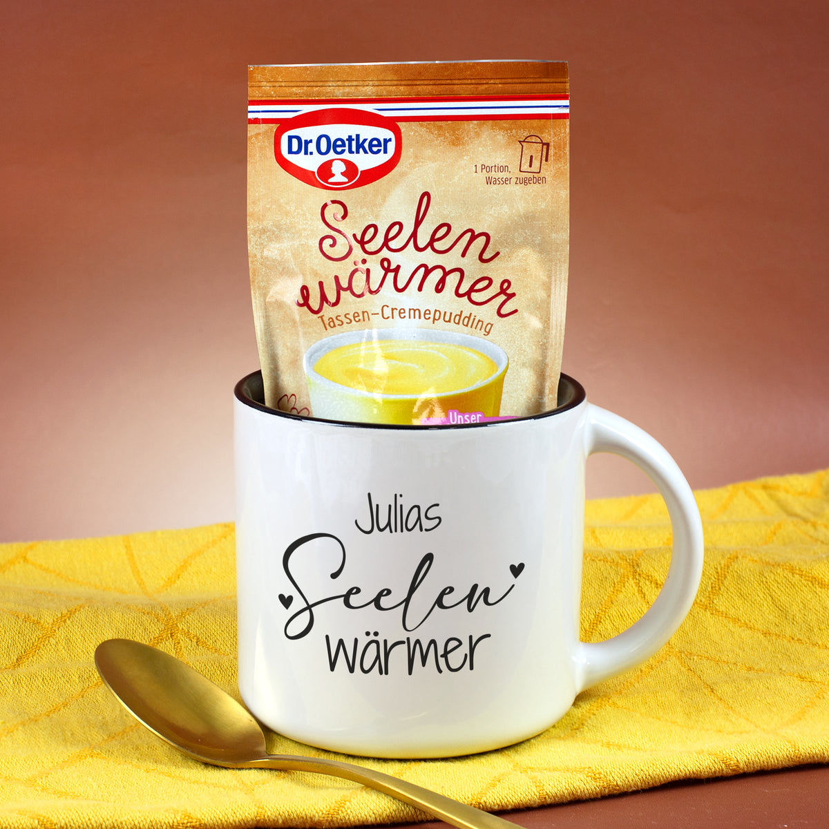 Seelenwärmer Tasse mit Name und Tassen-Cremepudding Vanille Geschmack