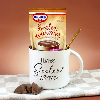 Seelenwärmer Geschenkset mit personalisierter Tasse und Tassen-Cremepudding Schokolade