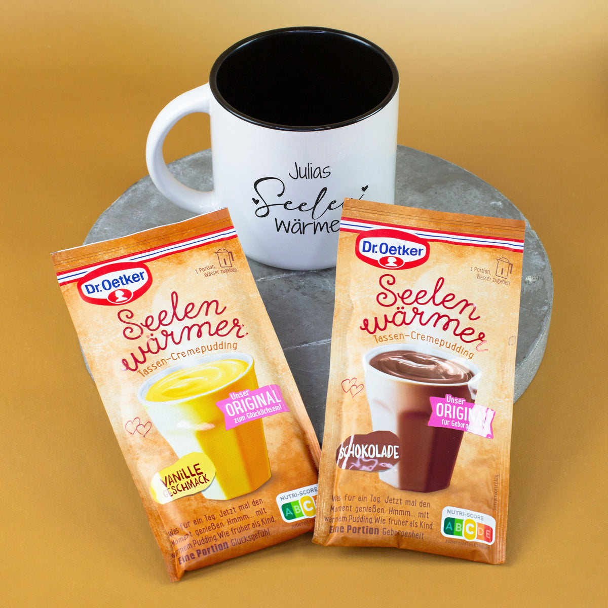 Personalisierte Seelenwärmer Tasse mit Dr. Oetker Pudding in Schokolade und Vanille Geschmack