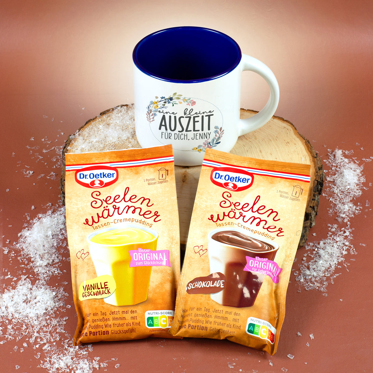 Geschenk Set mit personalisierter Tasse und Seelenwärmer Tassenpudding Schokolade oder Vanille