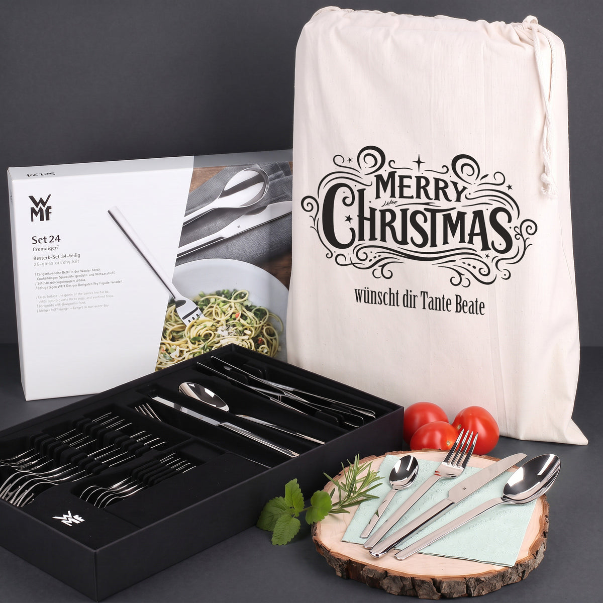 WMF Besteckset 24-teilig mit personalisiertem Merry Christmas Geschenksack und Wunschtext