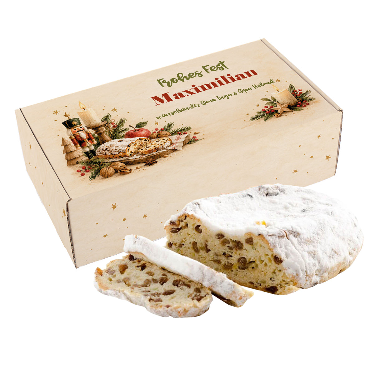 Rosinenstollen mit personalisierter Weihnachts Geschenkbox „Frohes Fest“ und weihnachtlichem Motiv