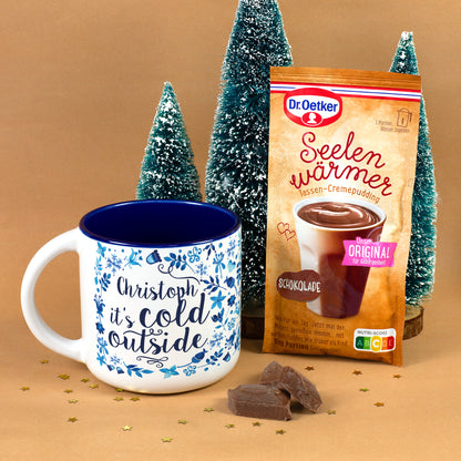 Tasse „Christoph it's cold outside“ mit Schokoladen Tassenpudding als Weihnachtsgeschenk
