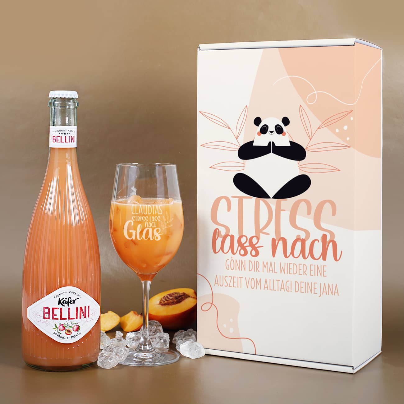 Geschenkset Stress lass nach! - Bellini, graviertes Glas, Geschenkverpackung