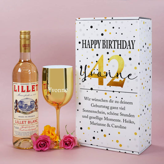 Lillet Geschenkset zum Geburtstag mit persönlicher Geschenkbox und graviertem Glas