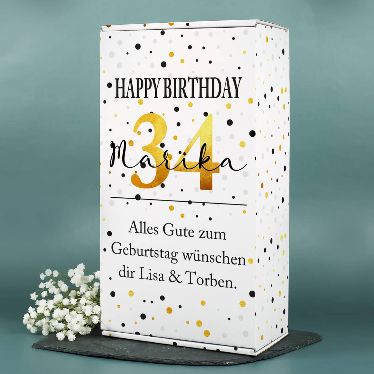 Geschenkbox mit Ihren Wunschangaben und einem persönlichen Text bedruckt