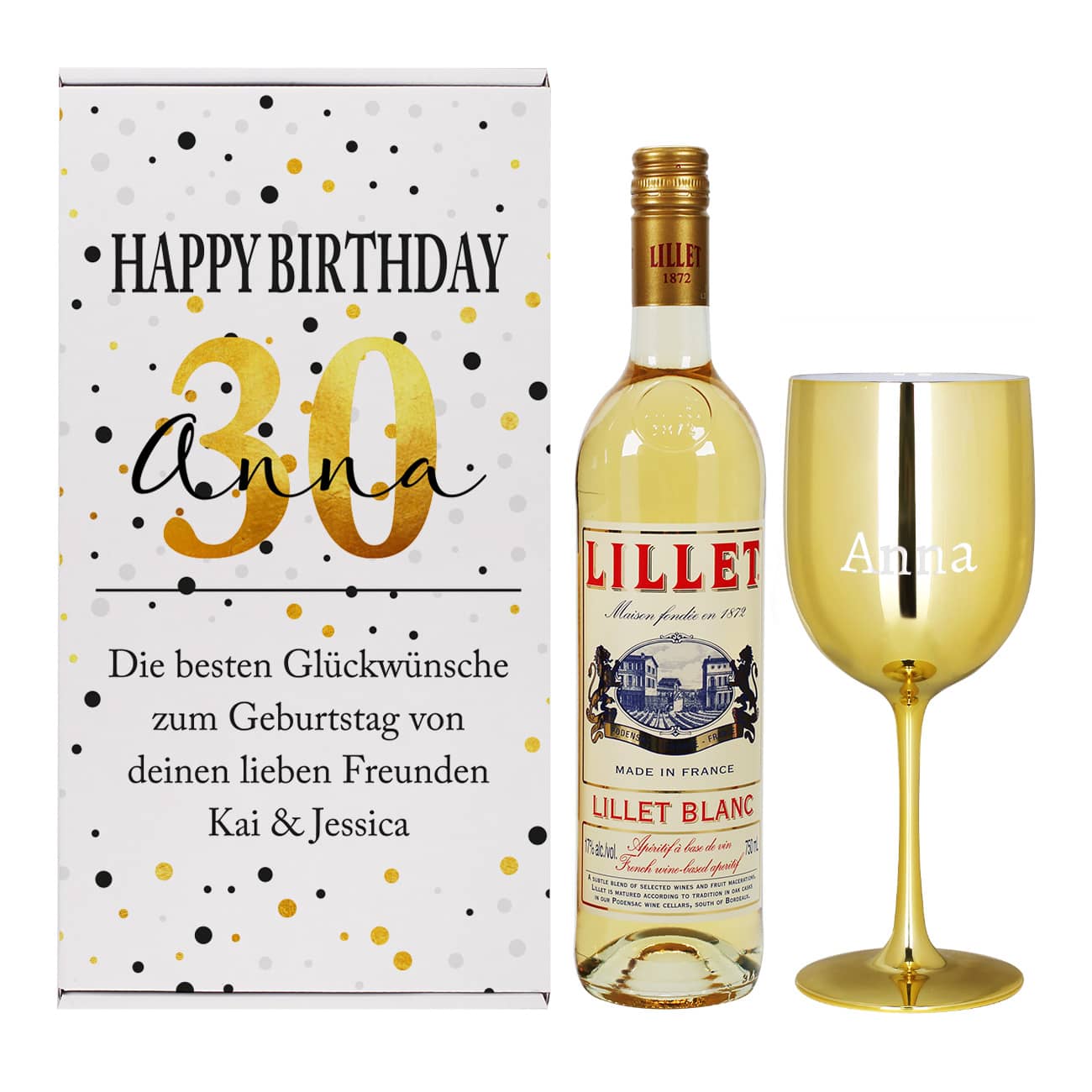 Lillet-Set zum Geburtstag mit Weinglas samt Namensgravur und Geschenkverpackung mit Ihren Wunschangaben