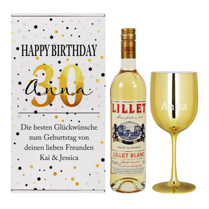 Lillet-Set zum Geburtstag mit Weinglas samt Namensgravur und Geschenkverpackung mit Ihren Wunschangaben