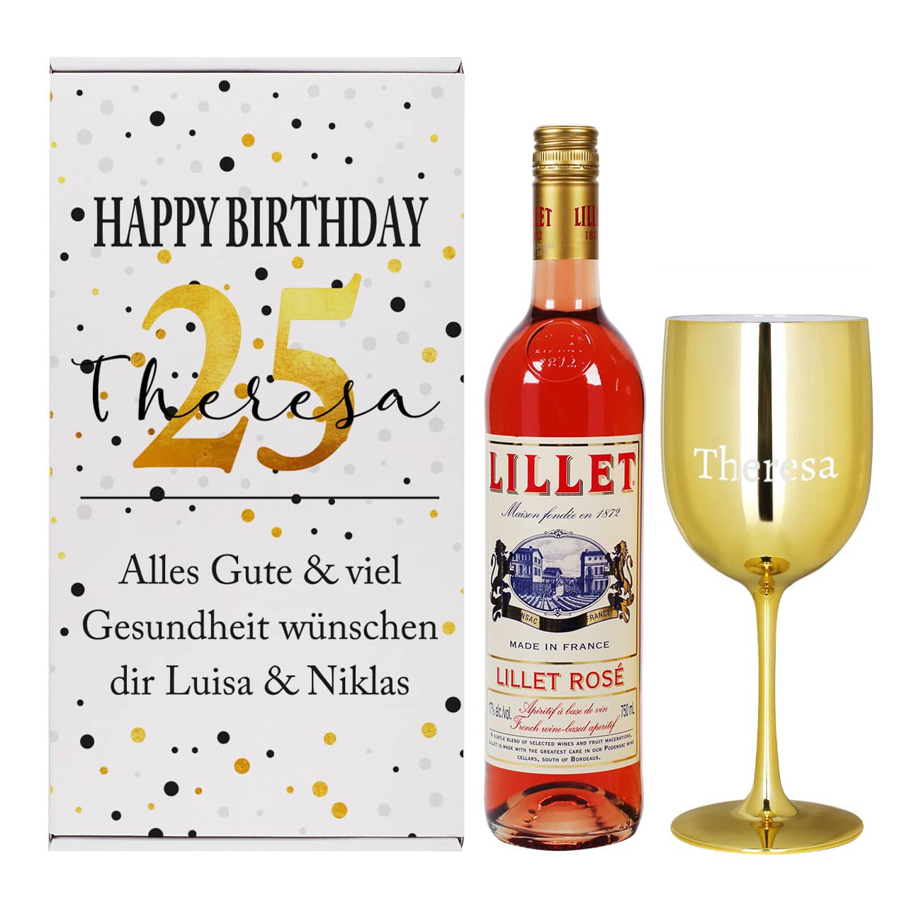 Persönliches Geschenkset zum Geburtstag mit einem Lillet Rosé, Weinkelch und passender Präsentverpackung