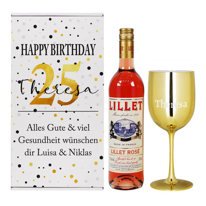 Persönliches Geschenkset zum Geburtstag mit einem Lillet Rosé, Weinkelch und passender Präsentverpackung