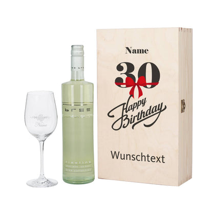 Wein - Geschenkset zum 30. Geburtstag aus Glas und Flasche in persönlicher Holzbox