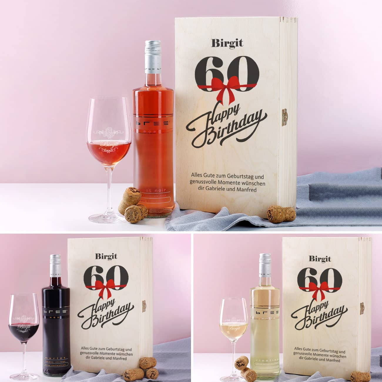 Wein-Geschenkset zum 60. Geburtstag mit drei verschiedenen Weinsorten