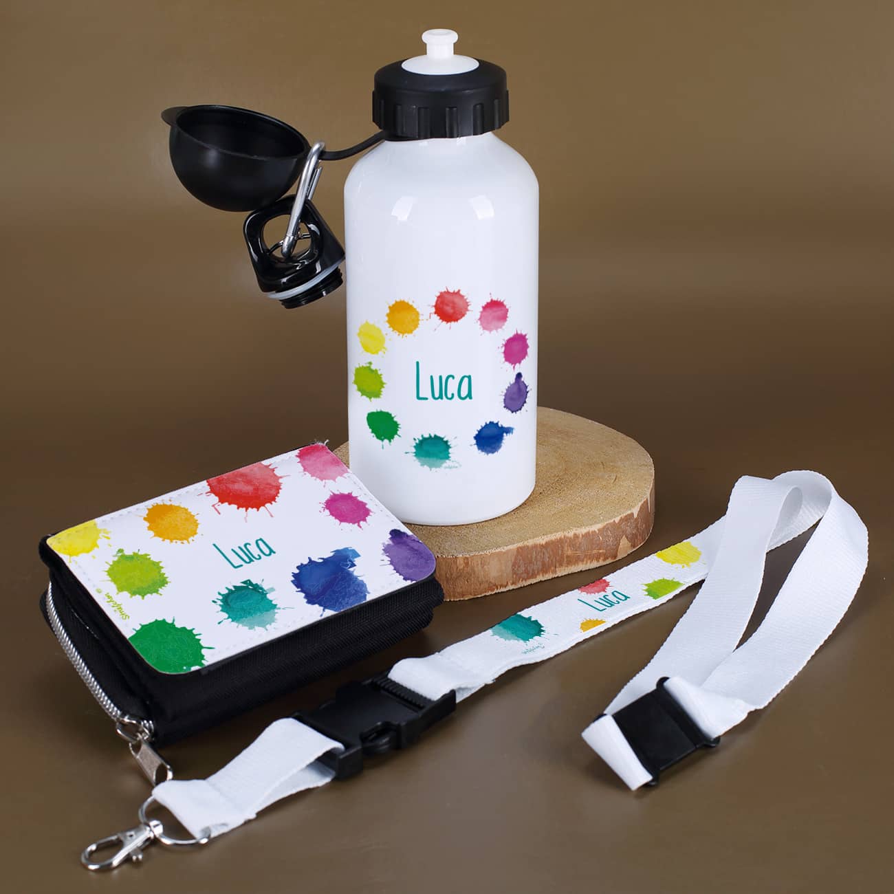 Personalisiertes Geschenkset zur Einschulung mit Trinkflasche, Geldbörse & Schlüsselband