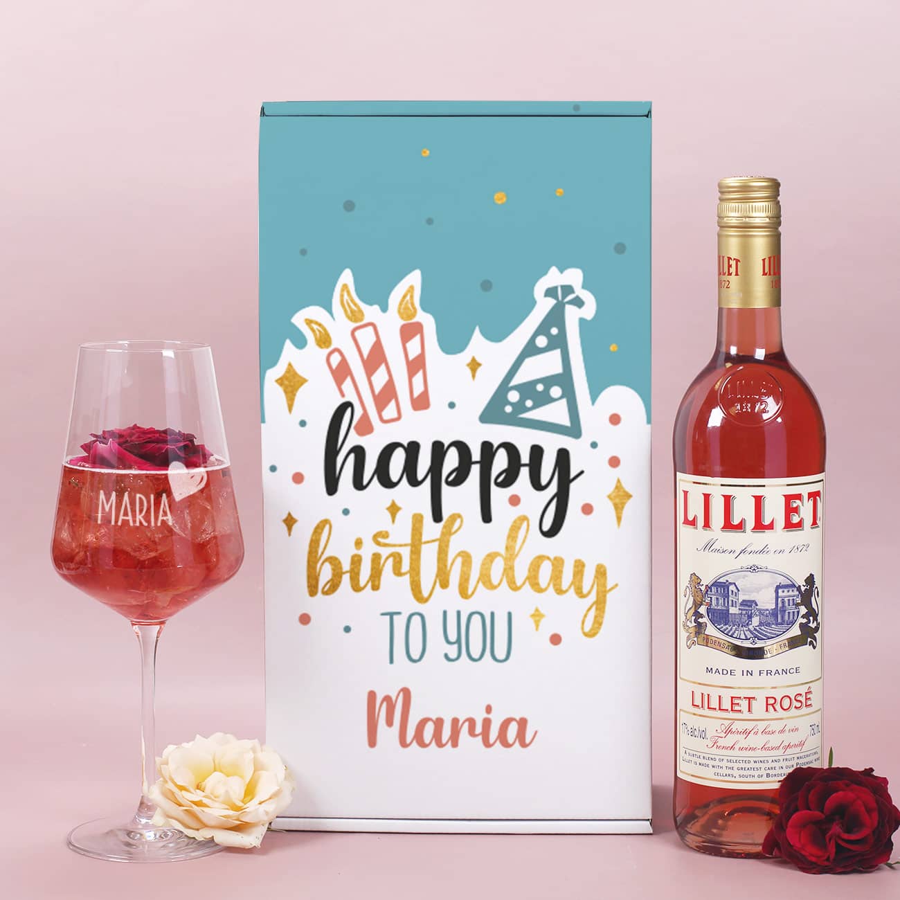 Set zum Geburtstag mit Name als Personalisierung mit Lillet rosé und graviertem Weinglas