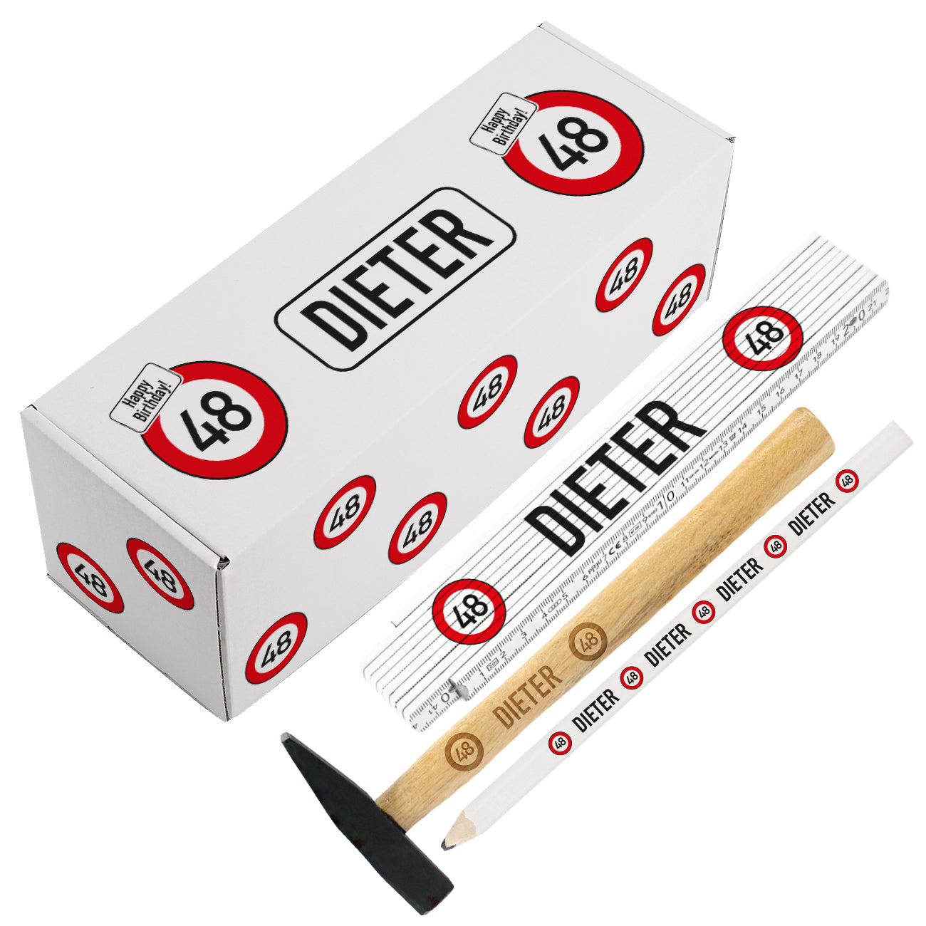 Personalisiertes Set bestehend aus Box, Zollstock, Hammer und Bleistift
