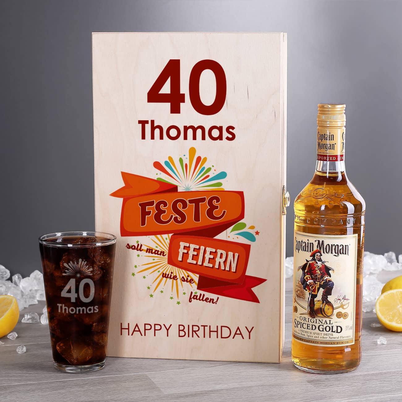 Feste Feiern wie sie fallen - Captain Morgan - Geschenkset mit Name und Alter