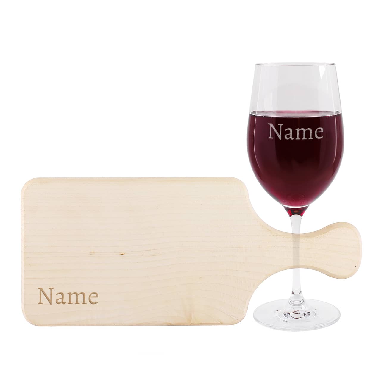 Holzbrettchen und Weinglas im Set graviert mit Name