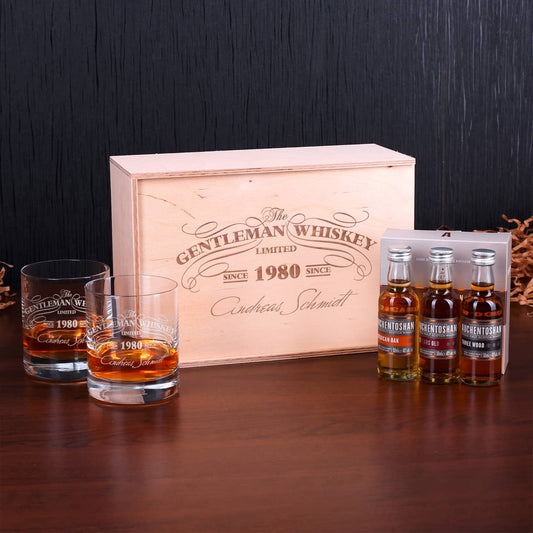 Whisky-Set mit Whiskygläser, Auchentoshan Whisky, gravierte Holz-Kiste