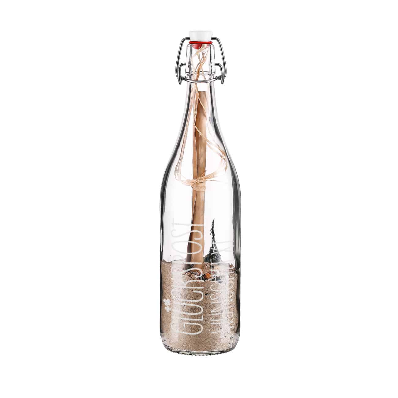 Glückspost in einer gravierten Bügelflasche