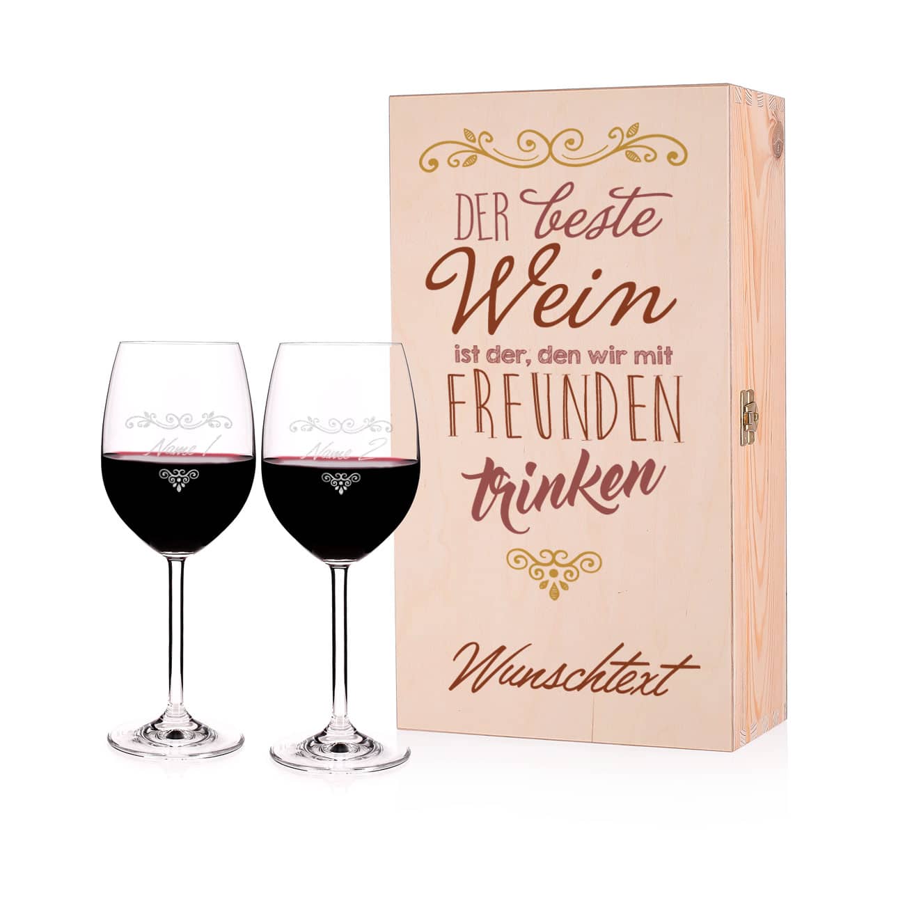 Geschenkset für Weintrinker mit Wein Spruch und personalisierten Gläsern