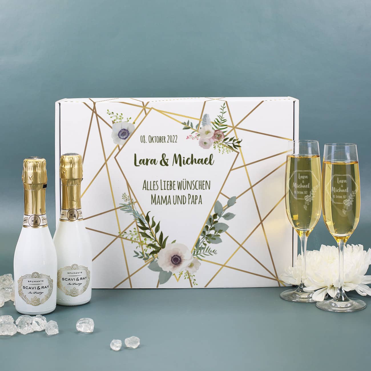 Sekt Geschenkset zur Hochzeit mit Box, 2 Gläsern und 2 kleinen Sektflaschen