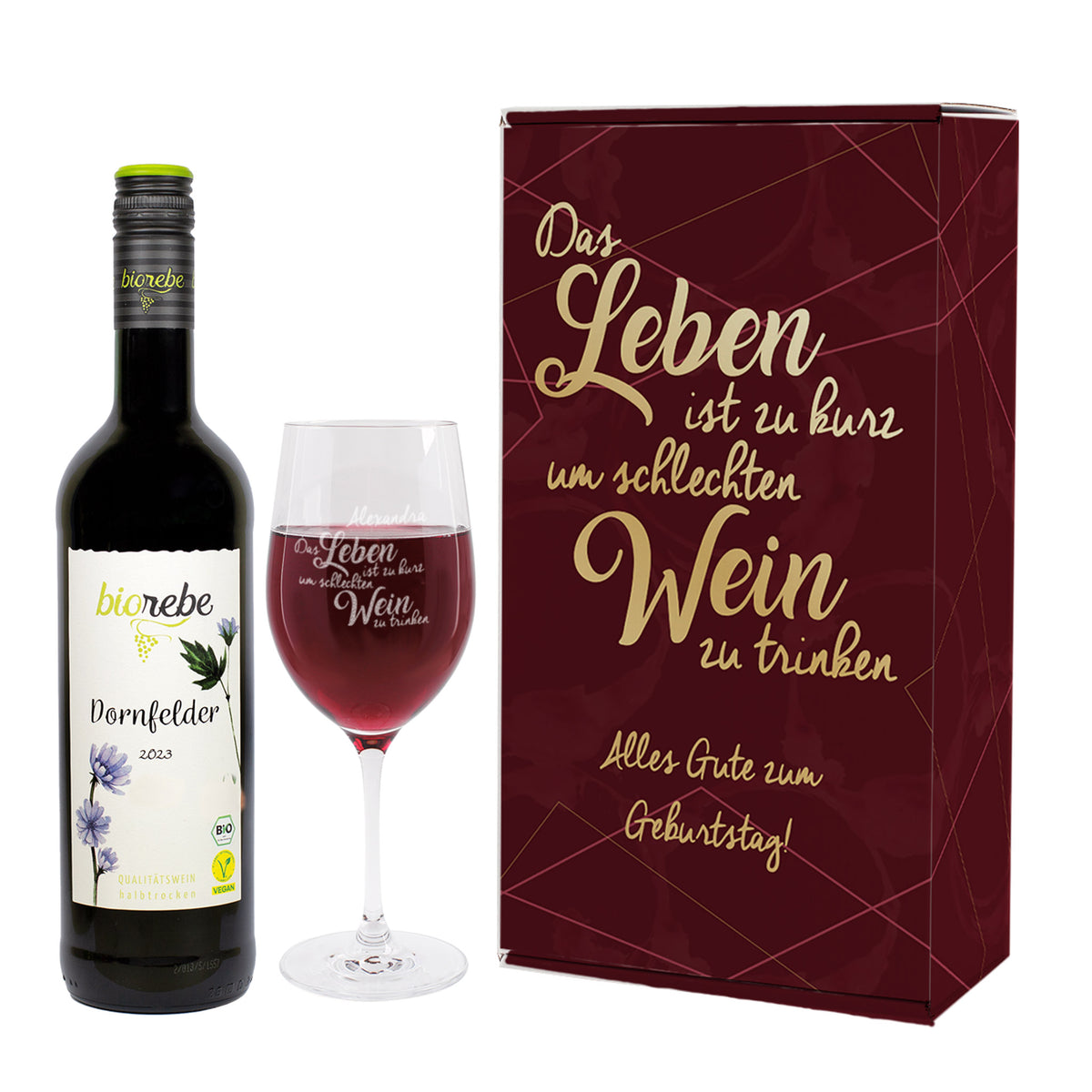 Biorebe Wein und Weinglas in personalisierter Geschenkverpackung