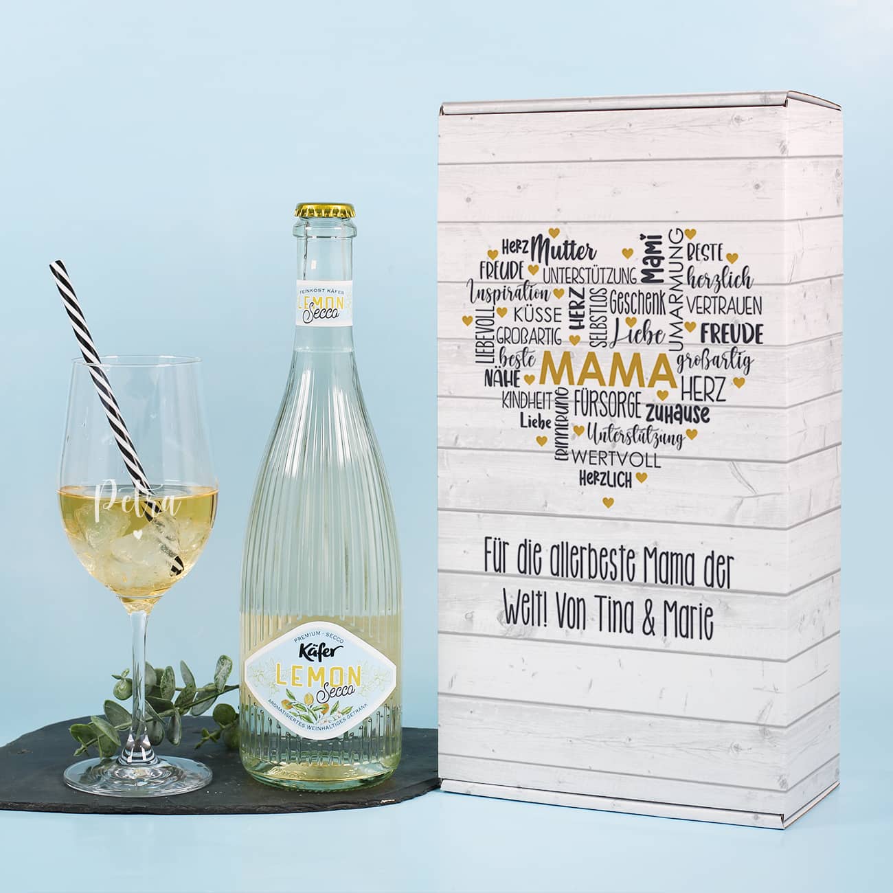 Geschenkset zum Muttertag mit Geschenkbox, Secco und graviertem Glas