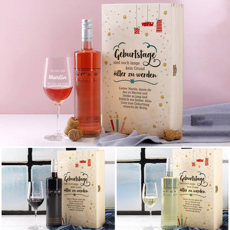 Wein-Set zum Geburtstag mit graviertem Glas in edler Holzverpackung
