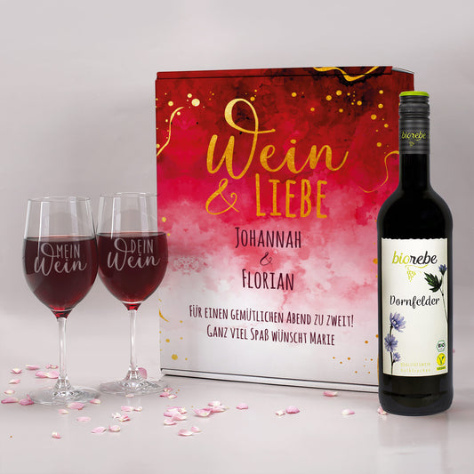 Liebe und Wein - Wein Geschenk Set mit zwei gravierten Weingläsern und Biorebe Wein