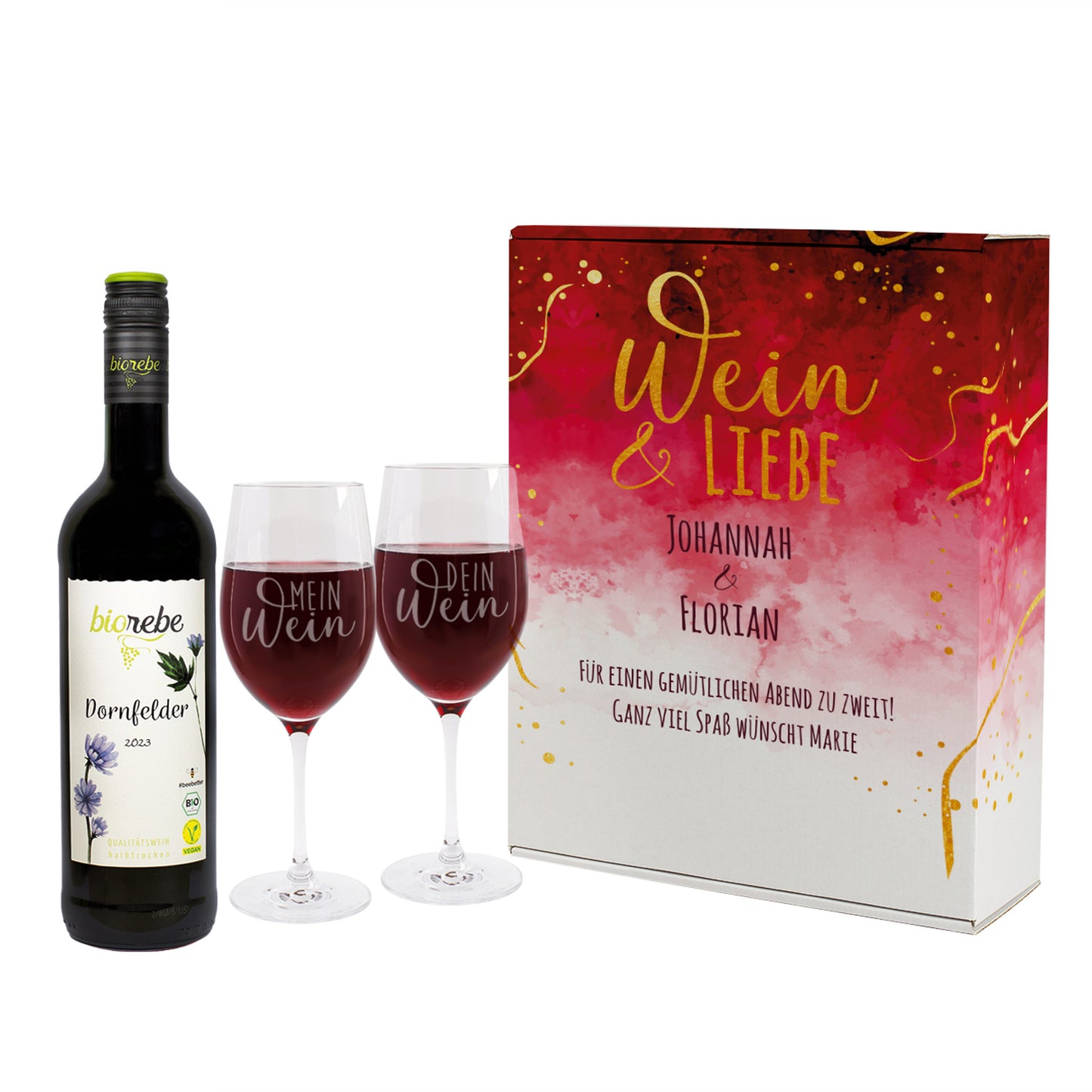 Geschenkset Wein & Liebe mit Biorebe Dornfelder, zwei gravierten Gläsern und personalisierter Pappbox