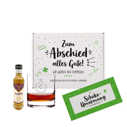 Whisky-Geschenkset zum Abschied mit Glenfiddich, graviertem Glas und Schokolade