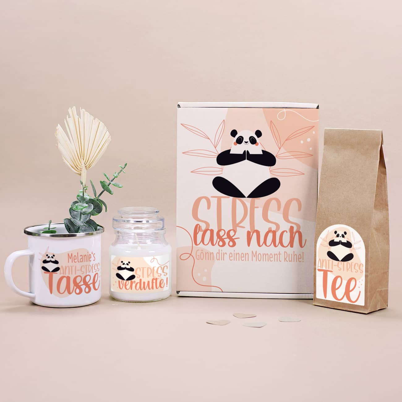 Stress lass nach - Personalisiertes Geschenkset mit Tasse, Tee, Duftkerze und Verpackung