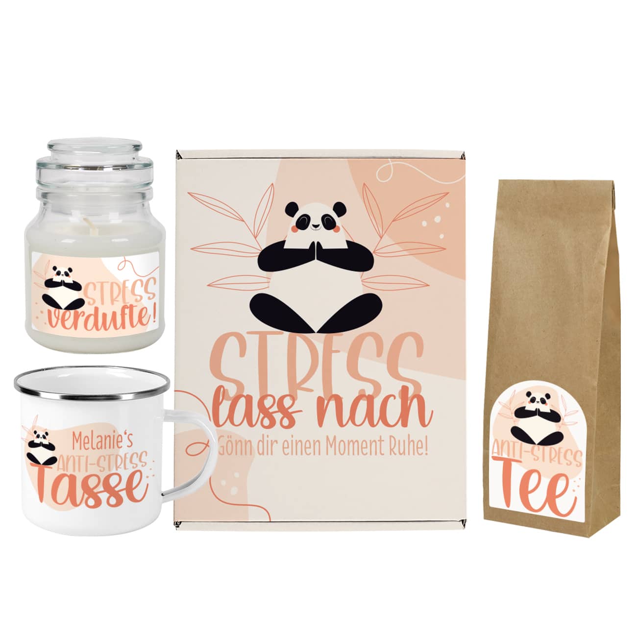 Verpackung, Tasse, Tee und Duftkerze zum Entspannen