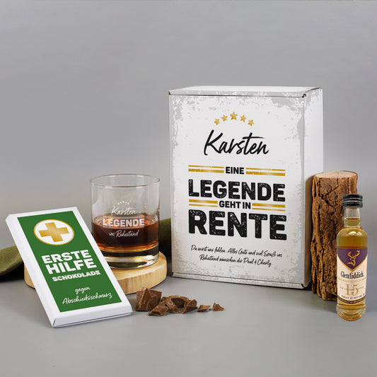 Legende in Rente Whisky-Geschenkset mit Glenfiddich, graviertem Glas und Schokolade