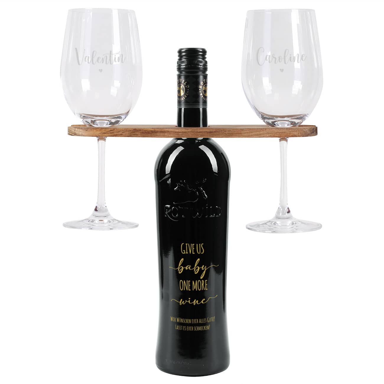 Personalisierte Weinflasche mit Wunschtext, Weingläser mit Namen und Weinbutler