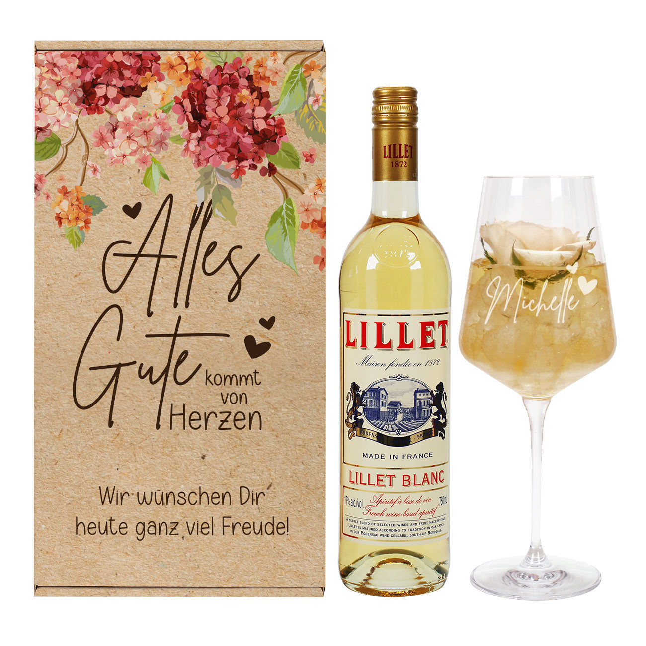 Geburtstagsgeschenk mit Hortensien-Präsentbox und schönen Spruch, Lillet Blanc und gravierten Weinglas 
