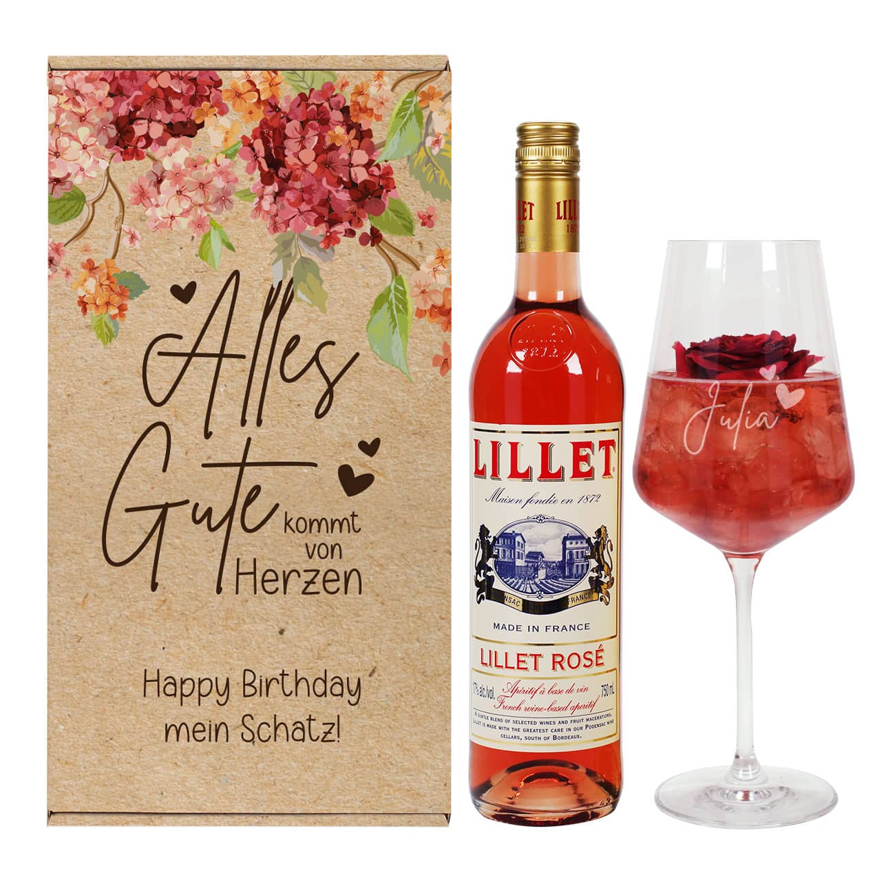 Geburtstagsgeschenk mit Hortensien-Präsentbox und schönen Spruch, Lillet Rosé und gravierten Weinglas 