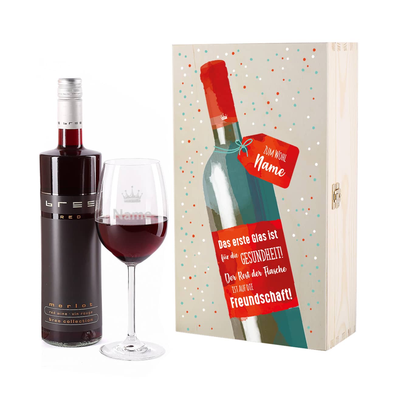 Rotweinset - Auf die Freundschaft mit graviertem Glas