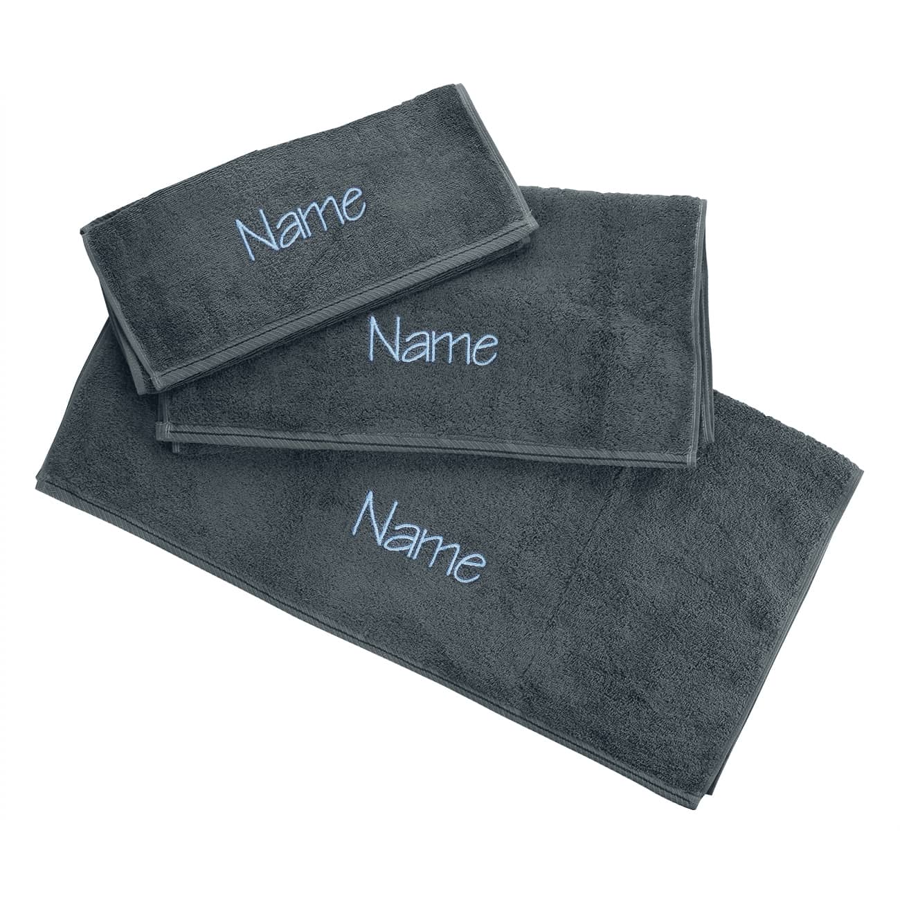 Handtuchset in schiefergrau, 4-teilig mit Namensstick