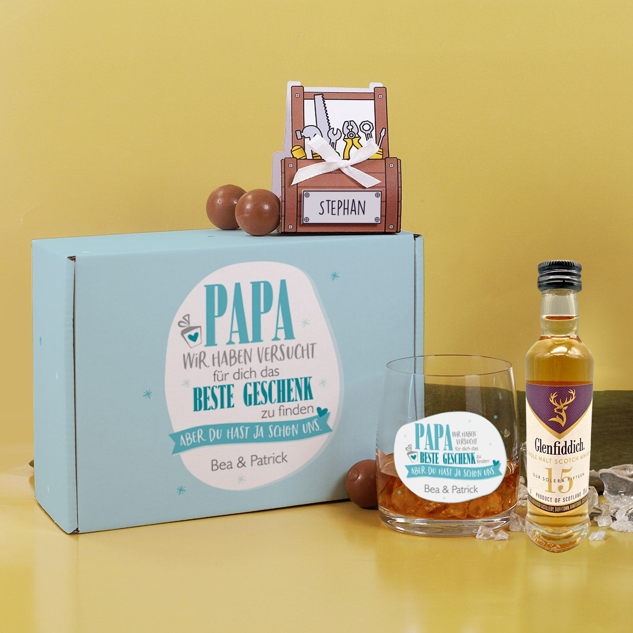 Geschenkset mit personalisierter Geschenkbox und Whiskyglas für Papa zum Vatertag