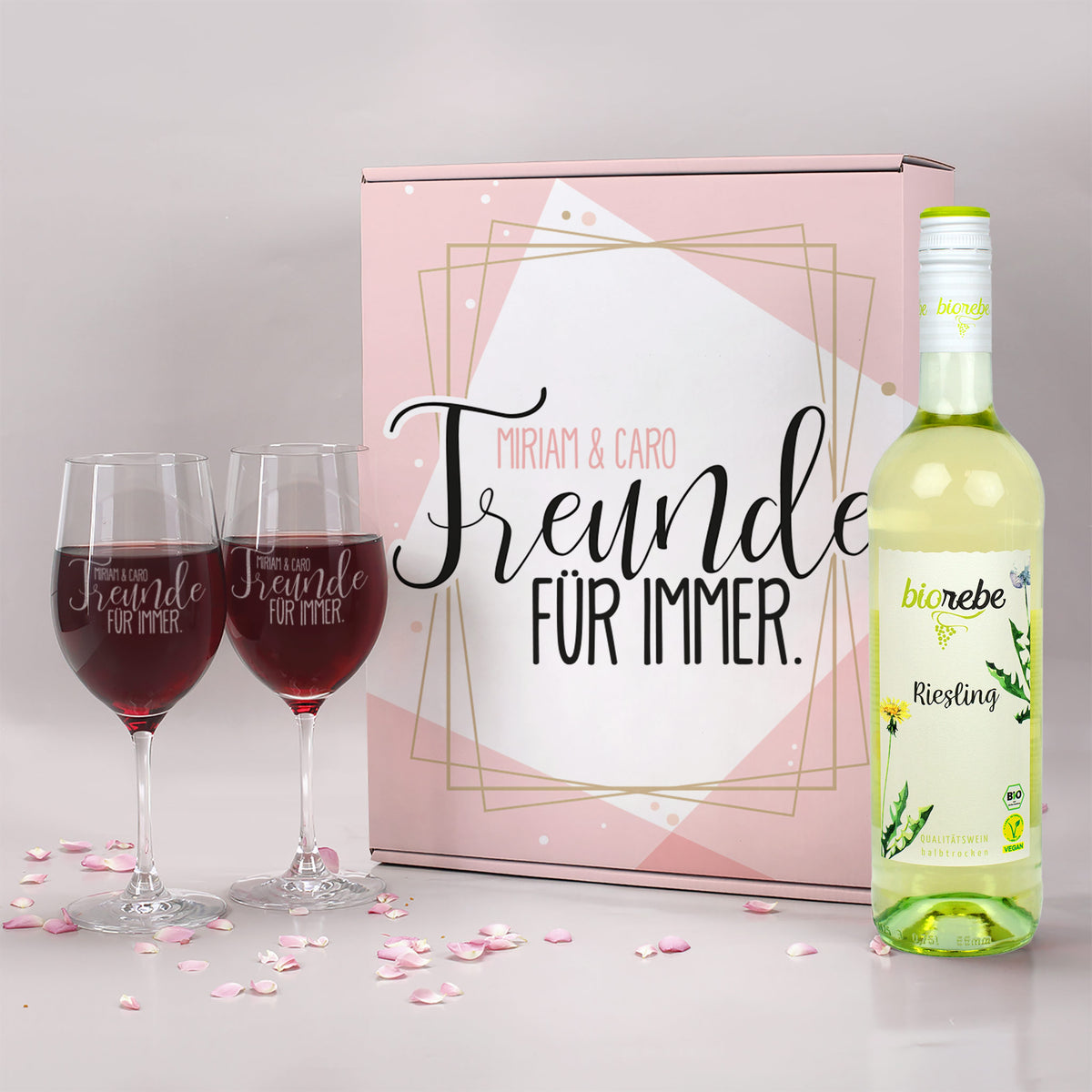 Geschenkset "Freunde für immer" in personalisierter Geschenkbox mit Biorebe Wein und Gläsern