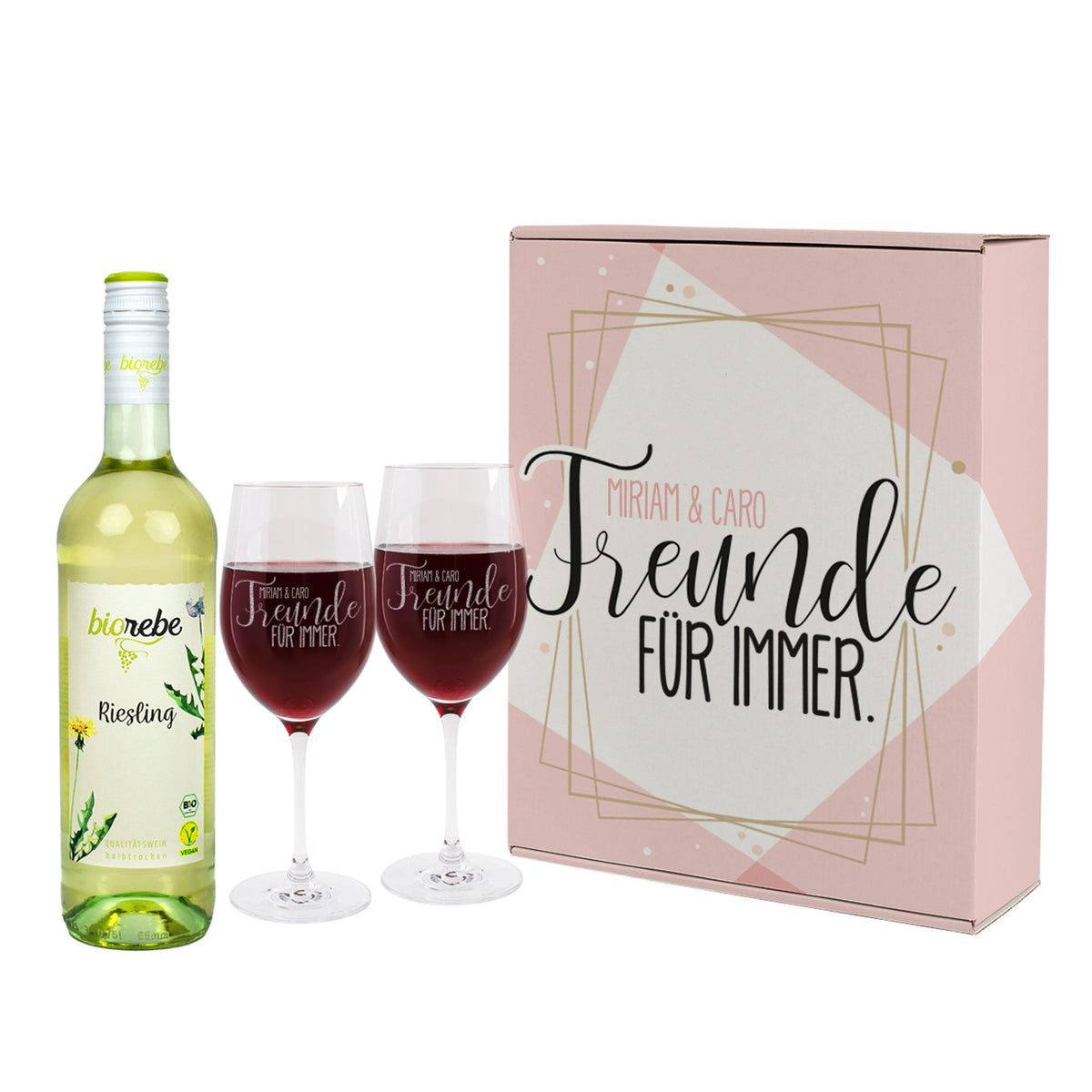 Geschenkset "Freunde für immer" in personalisierter Geschenkbox mit Biorebe Wein und Gläsern