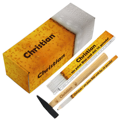 Personalisiertes Set bestehend aus Box, Zollstock, Hammer und Bleistift