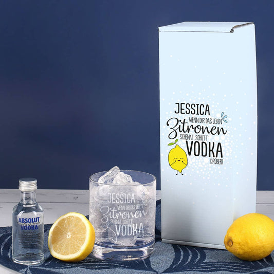 Vodka Lemon Geschenk-Set mit graviertem Glas und 1 kleine Flasche Absolut Vodka