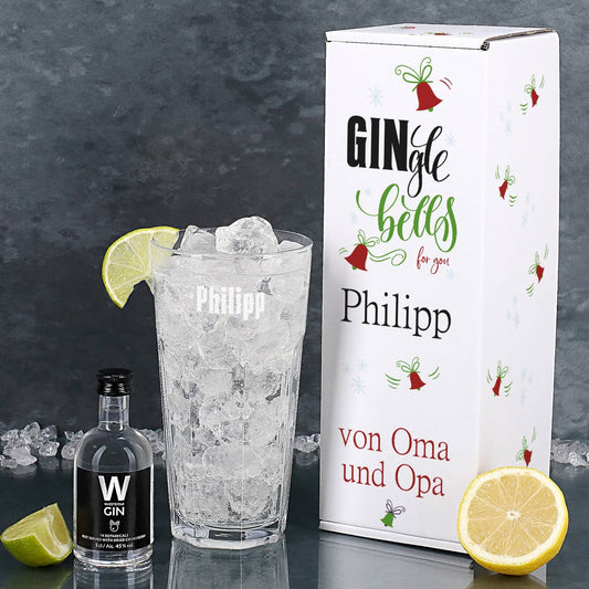 GINgle Bells Set aus Gin Glas und Geschenkverpackung mit individueller Beschriftung