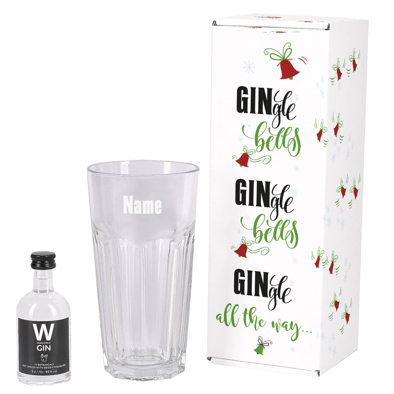 Gin mit Glas im originellen Geschenkset mit Rückansicht der Verpackung