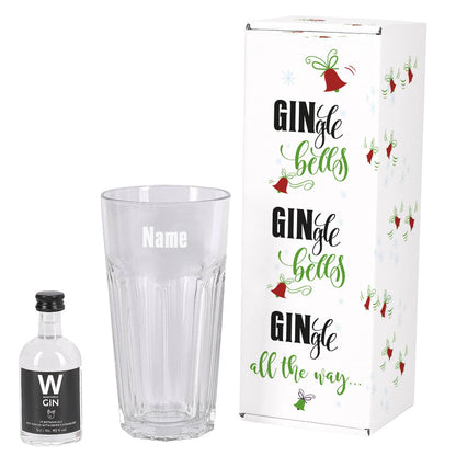 Gin mit Glas im originellen Geschenkset mit Rückansicht der Verpackung